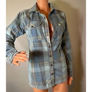 Womens Prana Corduroy Snap Front Shirt Shacket Blue Plaid Small Organic Cotton